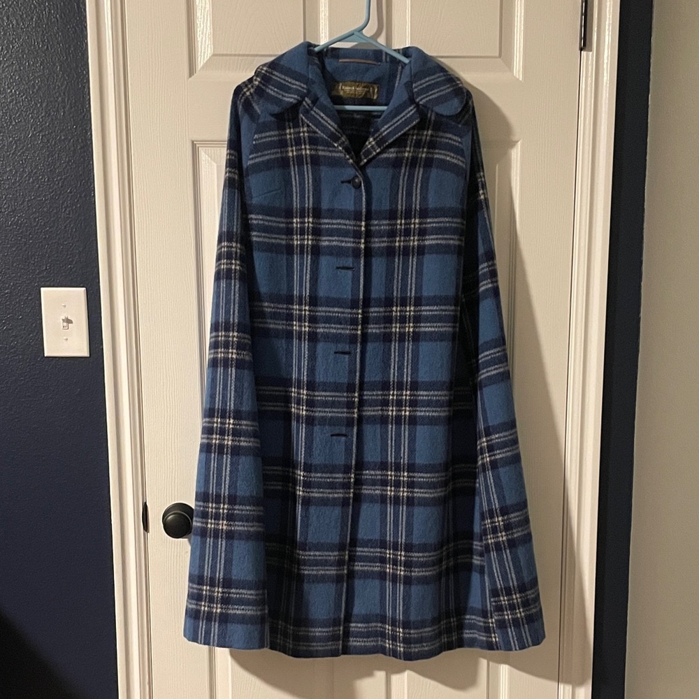 Vintage Blue Plaid Women's Wool Cape